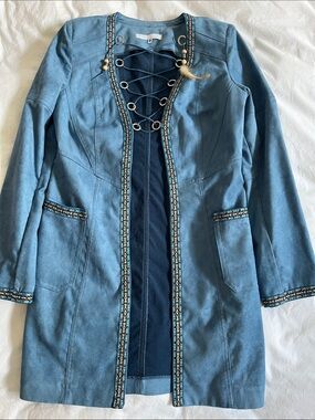 Extenzo Paris blue faux suede embroidered 70’s inspired bohemian hippie jacket
